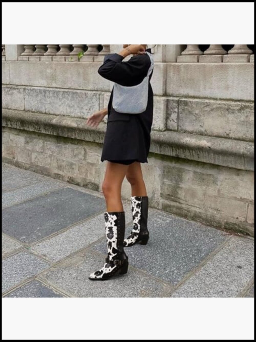 Studded Mid Calf Buckle Biker Boots Chunky Heel Zipper Cow Print - Picture 7 of 7
